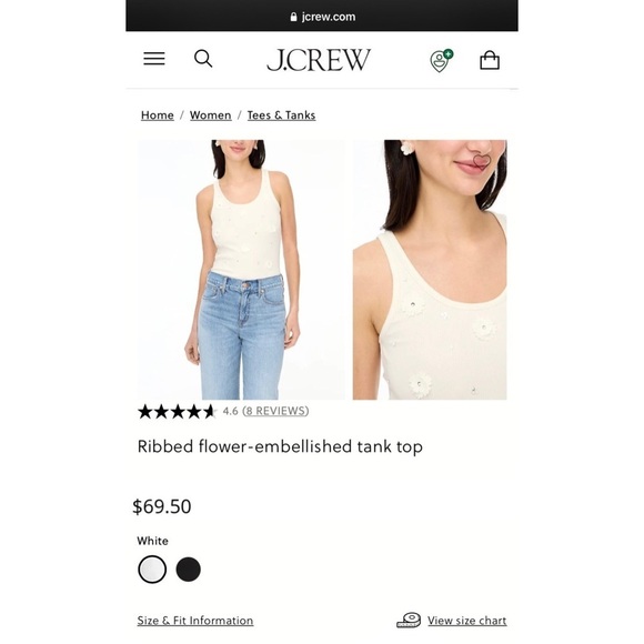 J CREW Ribbed Flower & Silver Bead Embellished Tank Top — Women’s MEDIUM — White - Picture 6 of 8